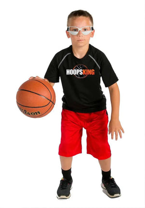 HoopsKing Basketball Dribble Goggles with white frames worn by a child holding a basketball
