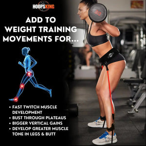 HoopsKing Vertical Jump Trainer Resistance Bands; black waist belt with red cords worn by female athlete in gym