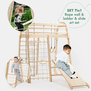 7in1 wooden indoor playground set with rope ladder, climbing wall, gym rings and slide for kids