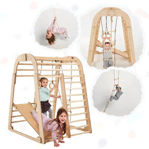 Indoor wooden playset 6in1 by Goodevas with swings, slide and climbing ladder in natural wood finish