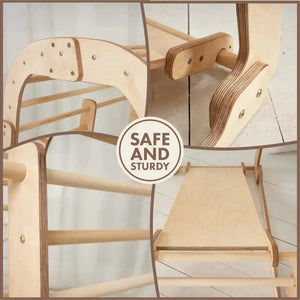 6in1 indoor wooden playset for children with swings and slide board, natural wood finish