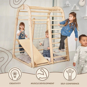Indoor wooden 6in1 playset for children with slide, climbing ladder, and rope net