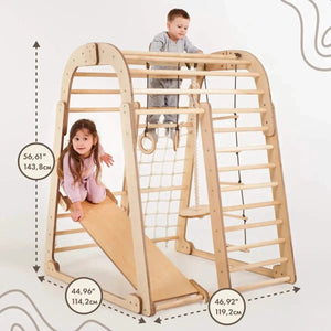 Indoor wooden 6in1 playset by Goodevas for kids with swings, slide and climbing ladder
