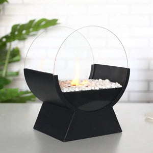 13.5in tall portable tabletop fireplace by JHY DESIGN, black base with white pebbles and flame