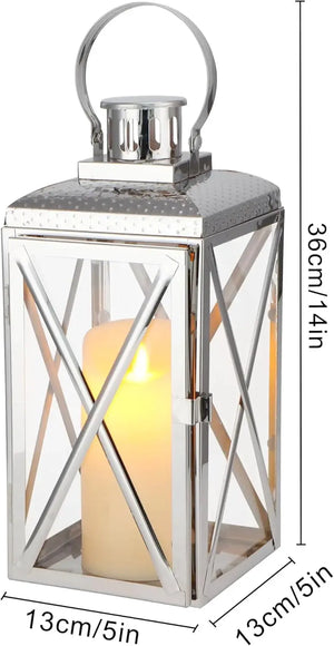 14in square stainless steel candle lantern by JHY DESIGN with glass panels and a lit candle