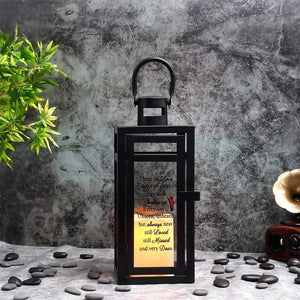 12''H Memorial Lantern in matte black by JHY DESIGN, decorative candle lantern with glass panel and warm glow
