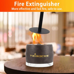 Black graphite cement portable fireplace with a white base and TRI ROCKS branding.
