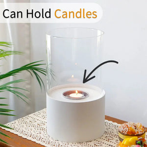 11.4H round white portable tabletop fireplace with glass chimney and small flame