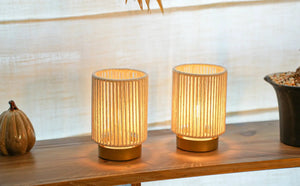 Set of 2 braided cotton rope table lamps, 6.5-in tall, battery-operated, with gold-tone bases
