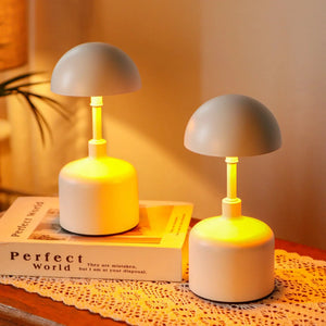 Set of 2 mushroom lamps by JHY DESIGN; cordless battery-operated with gray caps and yellow stems.