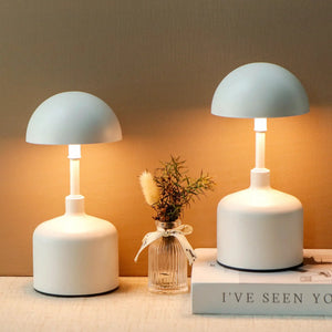 Set of 2 JHY DESIGN mushroom lamps; blue domes with white bases, cordless rechargeable.