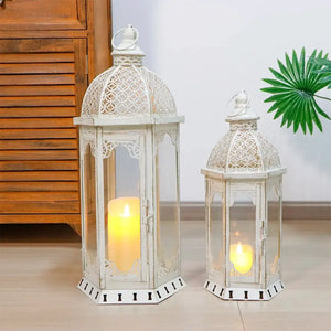 Set of 2 vintage metal candle lanterns, gray with black brush finish, 22 and 17 inches tall