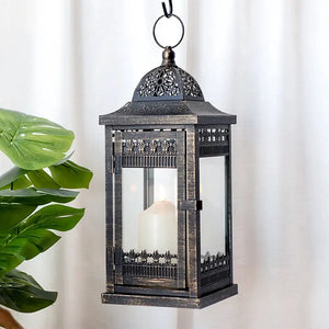 Vintage hanging decorative candle lantern, 14.5in high, black metal with gold brush finish by JHY DESIGN.