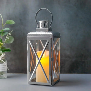 14 in H square stainless steel decorative candle lantern with glass panels