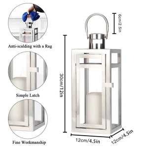 12'' High silver metal decorative candle lantern with glass panels by JHY DESIGN and hanging handle