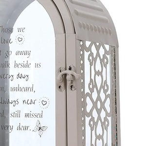 11-inch grey memorial remembrance lantern with inscribed glass panel and metal lattice sides