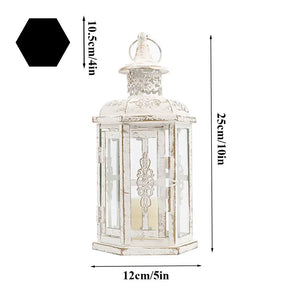 10-inch vintage-style hanging metal candle lantern by JHY DESIGN with distressed white finish and glass panels