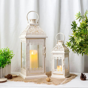 Candle lanterns set of 2, beige metal with intricate lattice, 19.5in and 13in tall