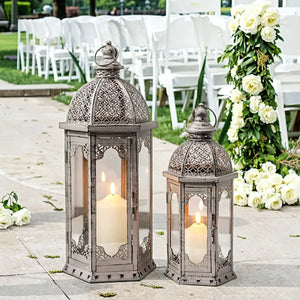 Decorative candle lanterns set by JHY DESIGN, two grey metal lanterns with black brushed finish, 22-in and 17-in tall