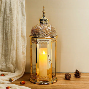 Moroccan Candle Lantern 15'' Gold Hexagonal Holder by JHY DESIGN; gold-tone metal with intricate lattice, candle inside.