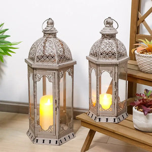 Set of 2 vintage grey metal candle lanterns with black brush finish, 22 and 17 inches tall, JHY DESIGN.
