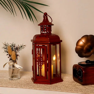 10-inch Vintage Hanging Lantern, red metal candle lantern with glass panels by JHY DESIGN