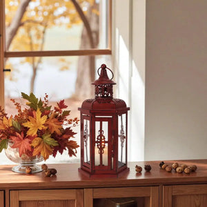 Vintage red metal hanging lantern by JHY DESIGN with glass panels.