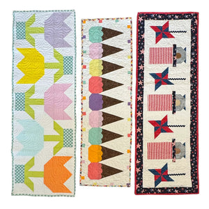 Spring Quilted Table Runner Kit Bundle: runners in pastel geometric, color-block triangles, patriotic star designs.
