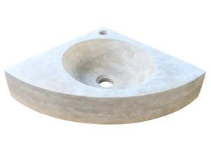 Troia Light Travertine corner wall-mount bathroom sink, Villohome, 16x16x4 in, stone vanity basin