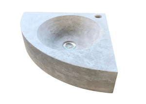 Villohome Troia Light Travertine wall-mount corner bathroom sink, 16x16x4, stone vanity.