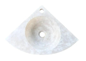 Troia Light Travertine wall-mount corner bathroom vanity sink, light stone, 16x16x4 in