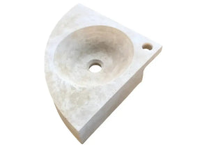 Troia Light Travertine wall-mount corner bathroom sink by Villohome, 16x16 in natural stone with circular basin