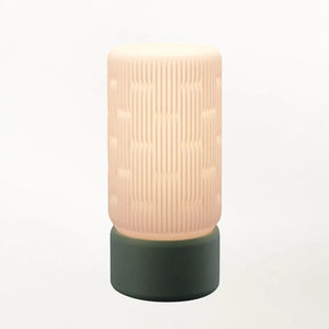Liunk Table Lamp by Terra Labs with peach ribbed shade and dark green base.