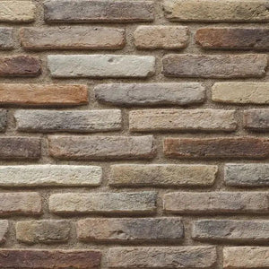 Ferrara Old School manufactured stone brick veneer sample in earthy beige-tan-brown tones by Villohome Livfloors