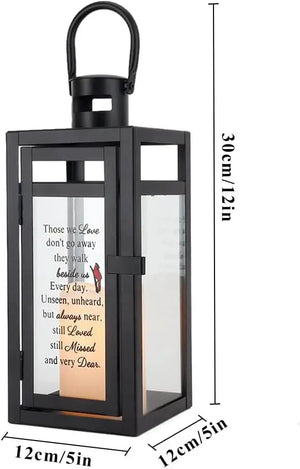 JHY DESIGN 12''H Memorial Lantern, matte black metal frame with glass panels and interior quote panel