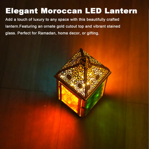 12'' Gold Moroccan candle lantern with ornate metal lattice and colorful stained glass panels