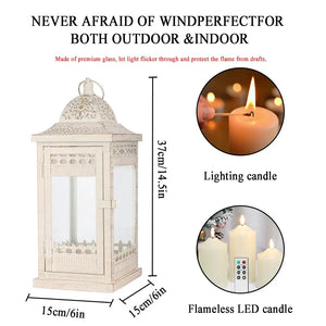 JHY DESIGN decorative lanterns, set of 3 in cream with ornate metal and glass; heights 9.5, 14.5 and 20 in; includes flameless LED candles.