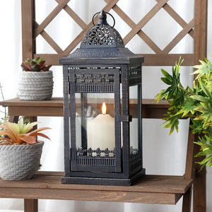 Decorative candle lanterns set of 3 by JHY DESIGN in distressed black metal with glass panels