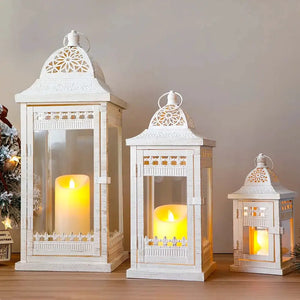 Set of 3 beige decorative candle lanterns by JHY DESIGN, vintage metal with lattice panels.