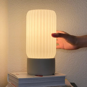 Milk Shade Barrel Table Lamp with ribbed ivory shade and dark gray base