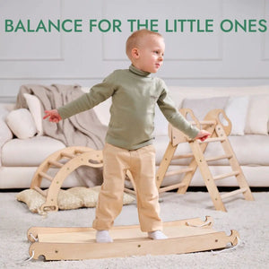 Goodevas 4in1 Montessori climbing set, wooden Pikler triangle with arch, slide board, and cushion for toddlers.