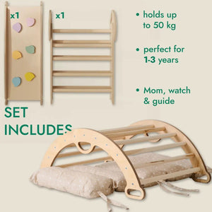 Goodevas wooden 4-in-1 Montessori climbing set for toddlers: Pikler triangle, arch, slide board and cushion