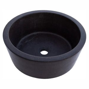 Villohome round above-counter bathroom sink in black andesite natural stone, 16in dia, 6in high, honed matte.