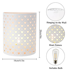 Set of 2 white heart-pattern wall sconce lamps, battery-operated, 8 inches tall for home decor.