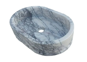 New York Marble Ellipse wall-mount bathroom sink, 14W x 20L x 5H in, white marble with gray veining.