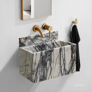 New York Marble Wall-Mount Bathroom Sink with Backsplash by Villohome, white marble with black veining and gold fixtures