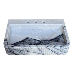 Villohome New York Marble wall-mount bathroom sink, white with gray veining and fluted front and edges.