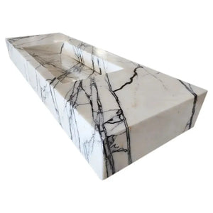 New York Marble wall-mount bathroom sink, polished white with bold black veining, 43-inch length, hidden drain