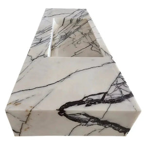 New York Marble wall-mount bathroom sink with hidden drain, white marble with black veining, polished finish, 43-inch long