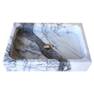 New York marble rectangular wall-mount bathroom sink, polished white with black veining and gold drain, 16x24x5 in.